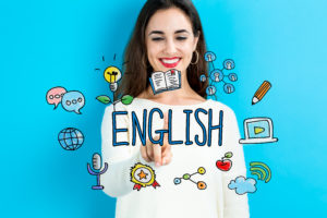 English concept with young woman on blue background